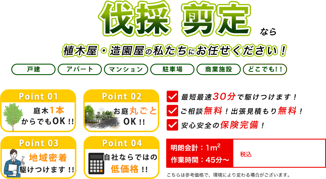 伐採 剪定なら植木屋・造園屋の株式会社田所商店にお任せください！　最短最速30分で駆けつけます！　ご相談無料！出張見積もり無料！　安心安全の保険完備！